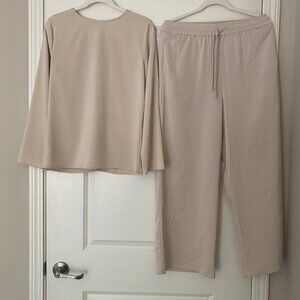 Veiled Collection Long Sleeve Top & Wide Leg Pants Lounge Set Beige Womens M Reg